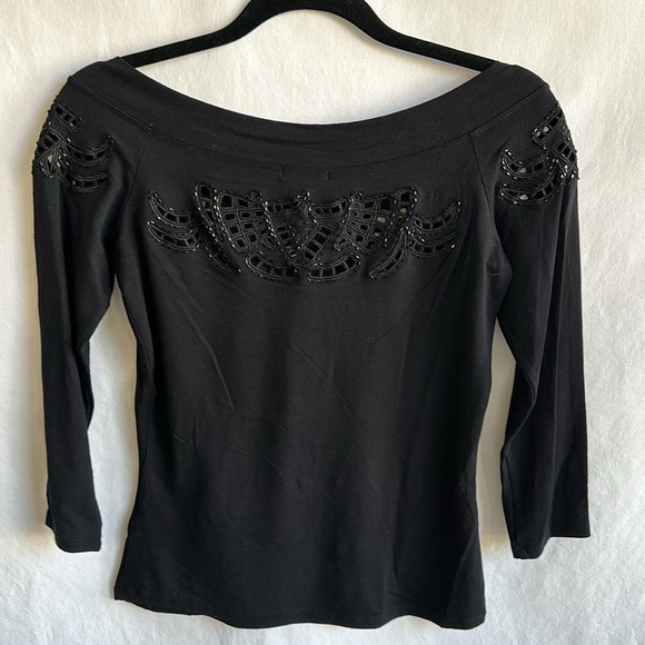 Cache black boatneck top with beading and cutouts, size S - Picture 5 of 9